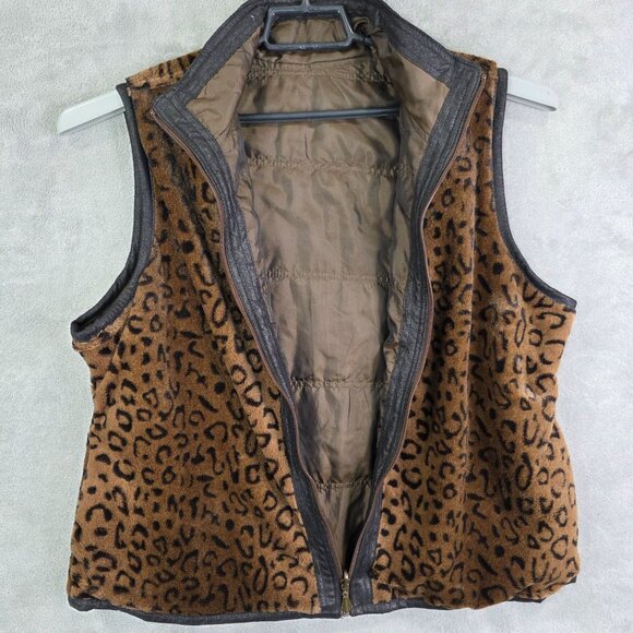 Womens Reversible Leopard Print Faux Fur & Quilted Brown Full Zip Vest Jacket L - Picture 3 of 9